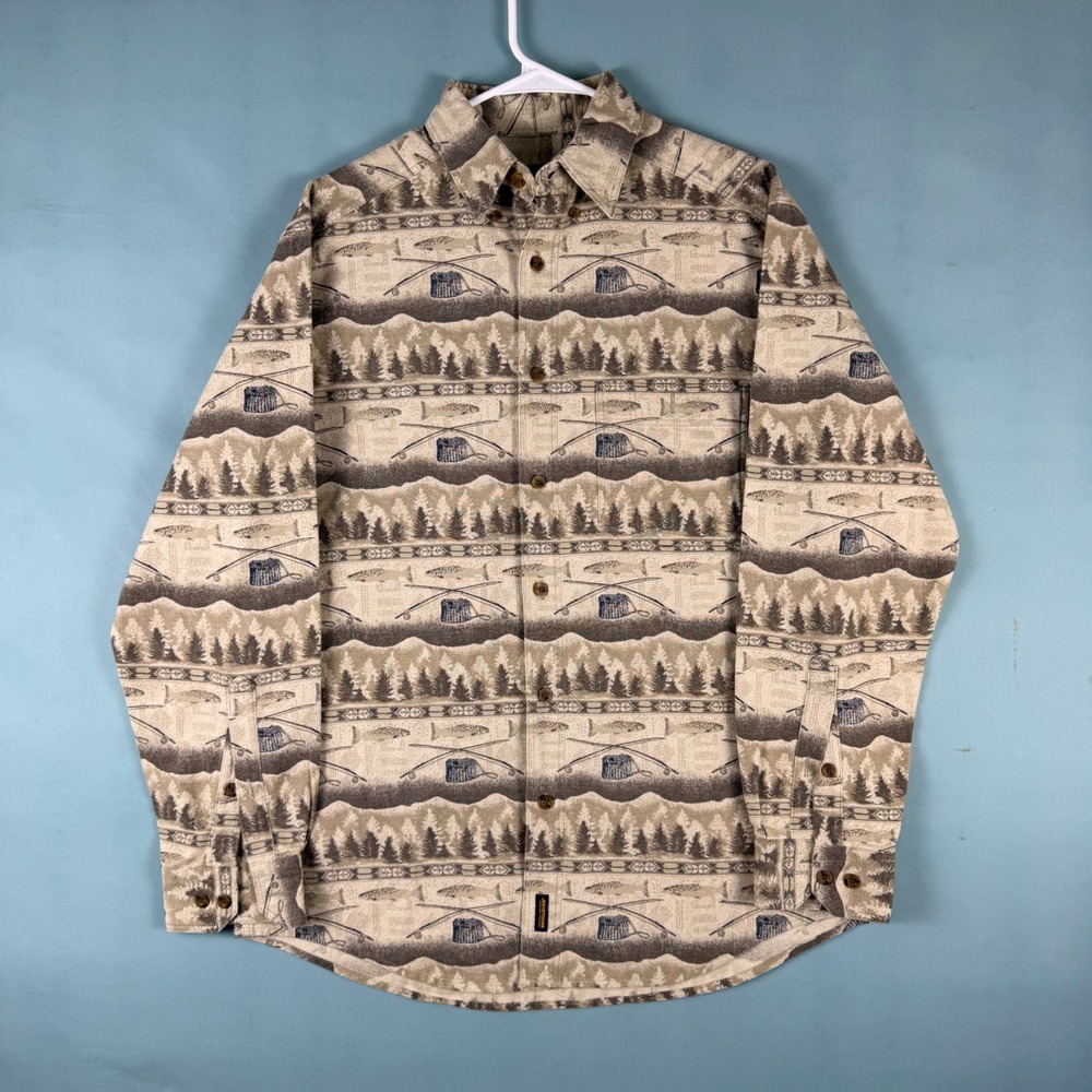 Vintage 90s Y2K Woolrich Mens M Tan Fly Fishing Trout Print Button Down Shirt